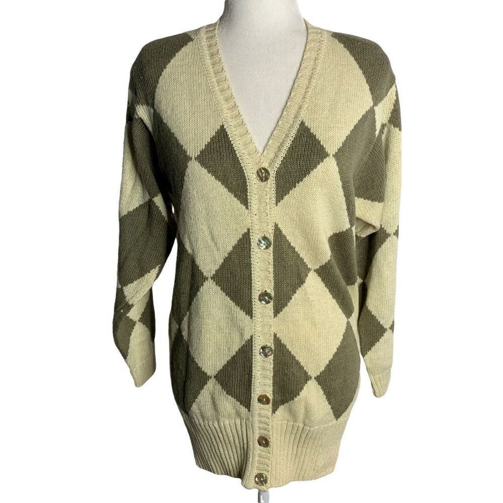 Vintage Knit Argyle Cardigan Sweater S Cream Buttons Long Sleeves Shoulder Pads